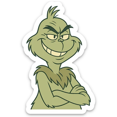 the Grinch, mischievous and furry, with a sly grin, cartoon style sticker