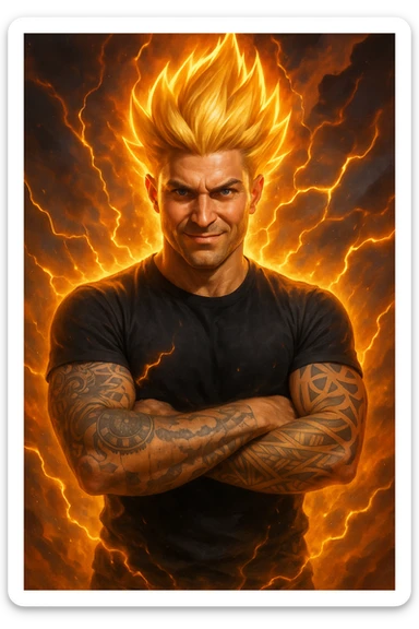 a muscular man with spiky hair stands in a powerful pose, surrounded by a glowing, fiery aura reminiscent of Goku’s Super Saiyan transformation. His eyes are intense and determined, and his body radiates energy and confidence. Lightning bolts and energy waves crackle around him, symbolizing a surge of testosterone and vitality. The background is dramatic, with swirling clouds and vibrant colors. sticker