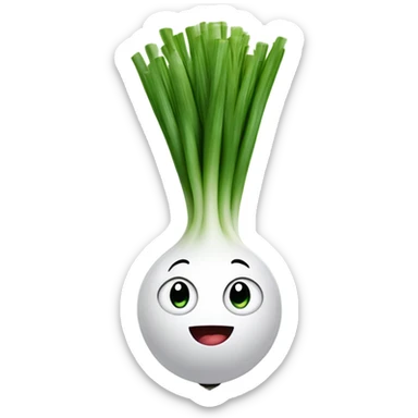 Smiling green onion with a bundle of long, thin green stalks as hair, big expressive eyes, and a cheerful cartoonish face on the white bulb section. Vibrant and playful design. sticker