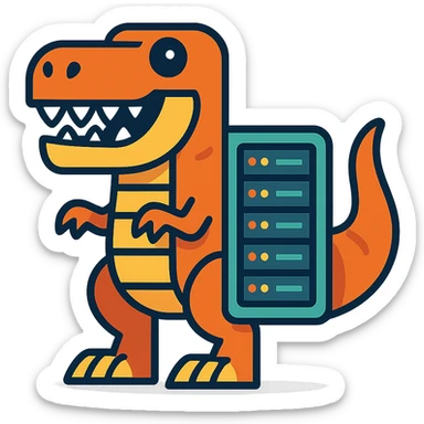 cartoon style T-Rex dinosaur merged with a server rack sticker