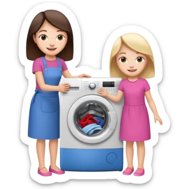 Mother and little daughter opening a washing machine door sticker