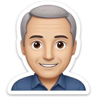 Famous Puerto Rican actor René Monclova with round face, wide jaw, light complexion. Expressive brown eyes, thick eyebrows. Short gray hair with visible receding hairline. Friendly smile. Wearing a dark formal shirt. sticker