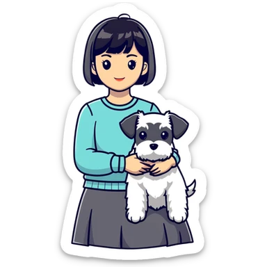 Girl with short black hair and bangs holding a white schnauzer dog sticker