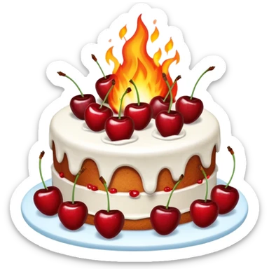 CAKE on fire, and fire behind it as well. cherries on the cake sticker