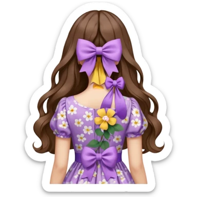 long wavy brown hair from behind with a medium lilac bow sticker