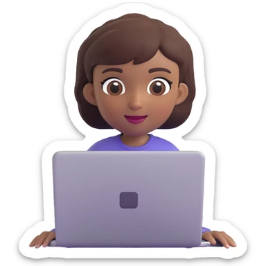 memoji of a short-haired girl with dark complexion, white features, using a laptop, cheerful expression sticker