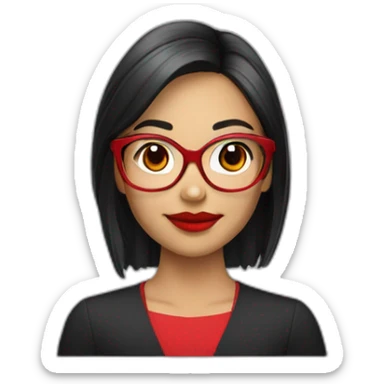 Young woman asiatic teacher, black square hairs, red glasses, red lipstick, red dress, black eyes sticker