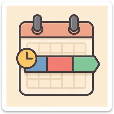 Overlay the private equity transaction timeline icon on a simple flat calendar icon. The calendar should be minimal and clean, with a clear timeline bar chart visible on top. No text, keep the style flat and simple. sticker