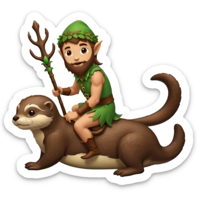 tiny forest elf man long brown hair beard riding an otter sticker