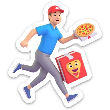 a man running with a pizza box in his hands, smiling, 3D cartoon style, bright colors sticker