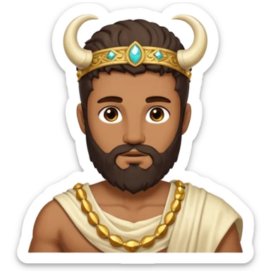 Faunus, God from Nature Roman Deities with long dark brown hair and beard, tan sequin toga, ivory horn sticker