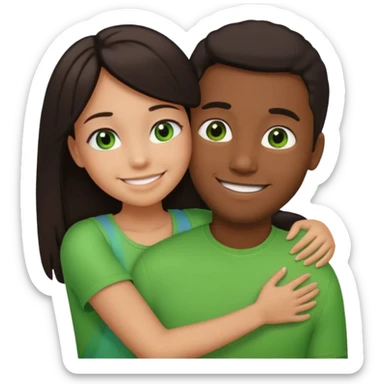black guy with a girl with dark hair and green eyes in a side hug, emoji style sticker