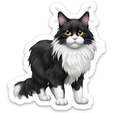 A black and white Maine Coon cat stands on the floor sticker