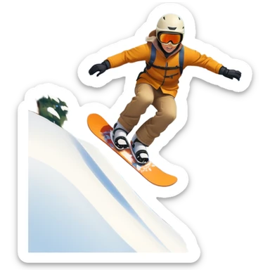 An icon showing a snowboarder performing an exciting jump on a snow-covered slope. The background features towering mountains, snow-covered trees, and a bright, clear sky. Transparent background highlights the speed, agility, and thrill of snowboarding. sticker