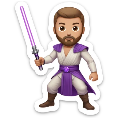 white man with brown beard and goatee  standing in a fighting pose holding a purple lightsaber  sticker