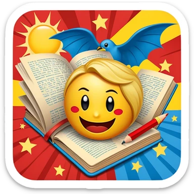 Create a vibrant emoji representing comic books and graphic novels as an art form. The design should feature a large, open comic book with vintage comic panels on the pages. Include a pencil (without a hand) gently writing text or sketching on the pages. The comic panels should have bold lines and retro-style artwork with classic comic book visuals. Use bright, energetic colors like red, yellow, and blue to evoke excitement and creativity. The overall design should feel dynamic, vintage, and artistic. Make the background transparent. sticker