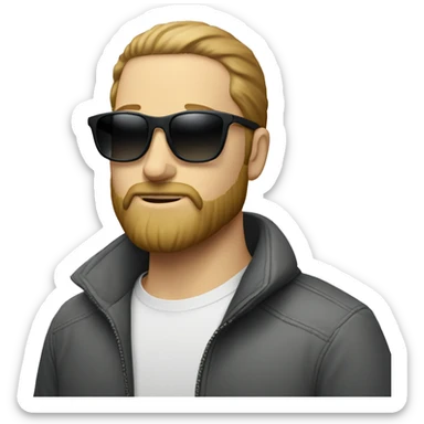 white man wear sunglasses have a beard with macbook sticker