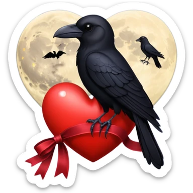 red heart with a black raven, moon, and velvet ribbon, dark romance sticker