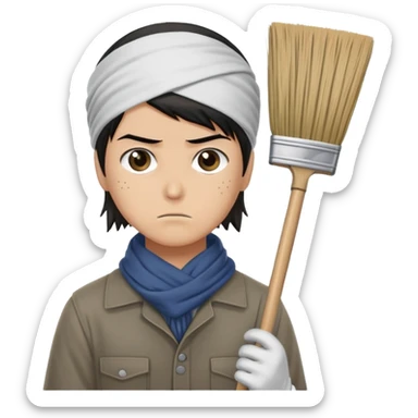 Levi Ackerman cleaning with bandana over hair, gloves, holding broom, annoyed expression sticker