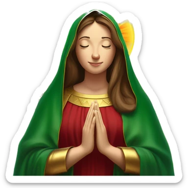 Virgin Mary: kind face looking down at the left, long brown hair, Wearing an emerald green  robe with gold stars and a burgundy red dress,  Hands in prayer or blessing. Halo around her head. standing in front of a big sun. colorful roses on the sides  sticker