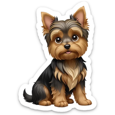 cinematic-[yorkshire terrier]-realistic-full-body-sitting-emoji,-tail-resting-loosely-beside-its-paws,-head-tilted-dramatically,-wavy-[black and tan-fur,-simplified-yet-realistic-focused-features,-highly-detailed,-glowing-with-an-almost-sarcastic-glow sticker