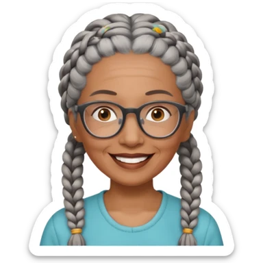 Older woman of color with gray braids, glasses and smiling sticker
