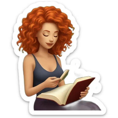 White woman with long curly red hair reading a book with a glass of wine in a park sticker
