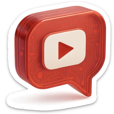 red opacity 0.6 speech bubble with inside a big red YouTube white play button, very glossy circuit style sticker
