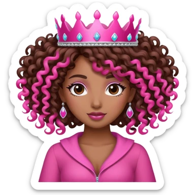 Brown girl diva long curly hair with pink crown sticker