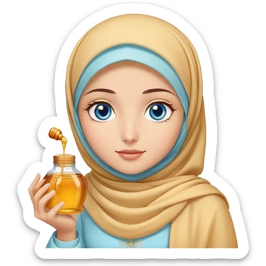 Turkish beautiful finish Konya girl blue eyes with honey pastel hijab islamic dress and had on her hand honey sticker