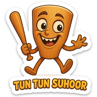 chibi emoji of Tun Tun Suhoor, wooden stick body with smooth brown texture, drum-like cylindrical body, holding baseball bat, cartoon style, bright vivid colors, expressive face, dynamic pose, a bit creepy yet funny,  sticker