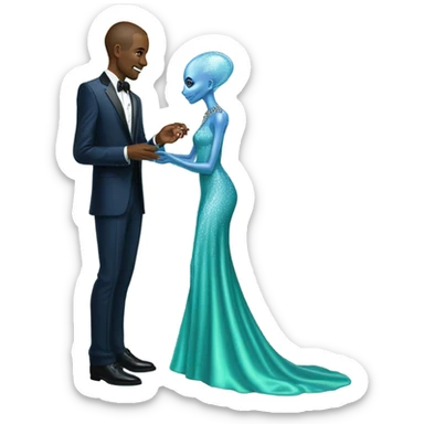 alien reptilian green skin woman, in long slim pastel blue formal party satin dress with gradient shiny sparkling navy blue diamonds embroidered , and caucasian man in black dres on his knees asks her to marry her sticker