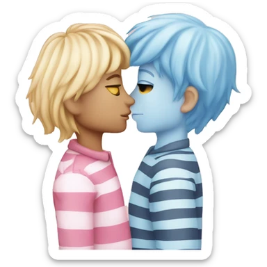 Kissing men, boy withlong blonde hair kissing a pale blue striped face pink hair man sticker