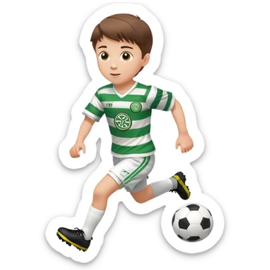 Celtic footballer jersey logo  6 years old brown hair white boy , brown eyes , stripes uniform , RUNNING  with soccer ball # 17 celtic football logo PUT ONLY ONE LOGO ONE CELTIC LOGO ONLY white shorts sticker