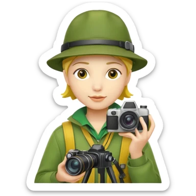 
explorer photographer, green clothes, yellow hat sticker