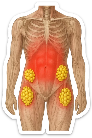 corpo umano anatomico con addome e fianchi segnati in rosso, grappoli di cellule adipose gialle su fianchi e addome sticker
