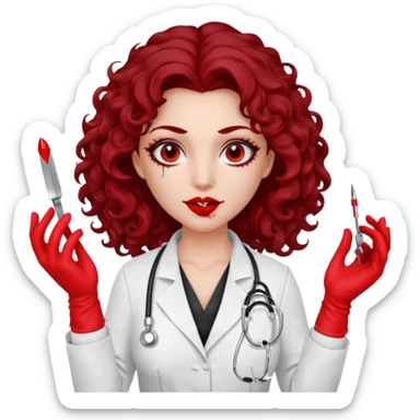 Lilith scalpel in hand, evil surgeon sexy surgeon clothes.  She has red eyes. She has dark brown long curly hair. Wears sexy doctor outfit with red gloves. Covers mouth neck and nose with red litham for Muslim woman sticker