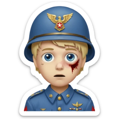 blond boy with a defined face and blue eyes, wearing a WW1 soldier helmet and uniform, zombie sticker