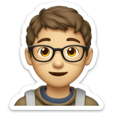 A 12-year-old boy with short brown hair and glasses eats soup sticker