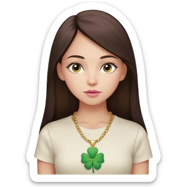 composed woman with long straight dark brown hair parted in center, smooth light skin, almond-shaped eyes, full pink lips, white fitted tee, gold four-leaf clover necklace, soft neutral gaze sticker