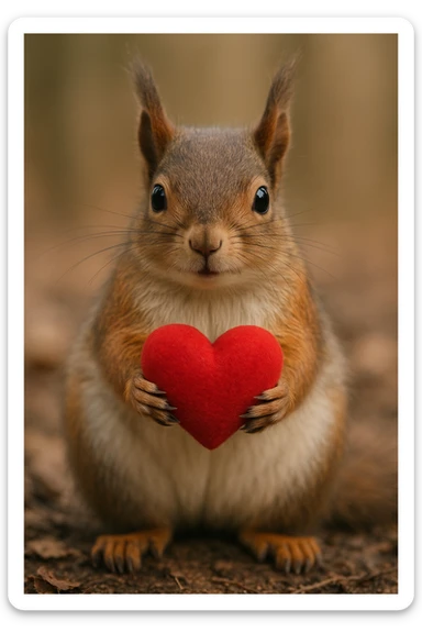 a realistic squirrel holding a red heart, sitting upright sticker