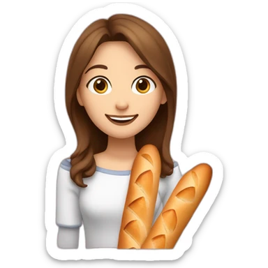one girl with brown hair smiling and holding 4 big baguettes so we can see her face partly but baguettes are lover then her nose sticker