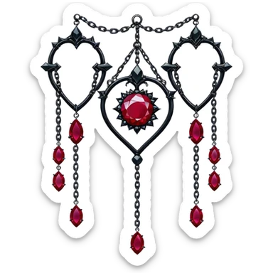 Epic gothic Hanging suncatcher, chains with shiny sparkly with ruby-gemstones and obsidian-gemstones,  sticker