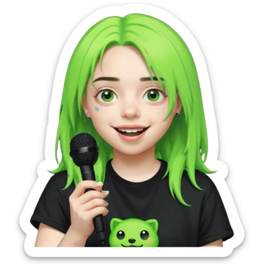 billie eilish is singing, holding mirco and smile, die hair neon lime sticker