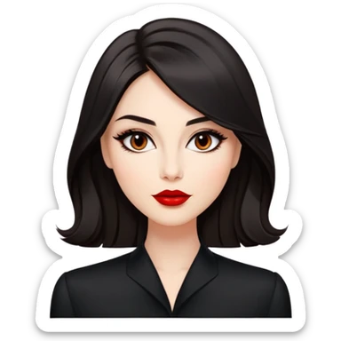 Respected actress with fair glowing skin, voluminous dark straight hair with slight waves at ends, almond eyes with refined eyeliner, defined features, red lips, black elegant outfit, poised professional expression sticker