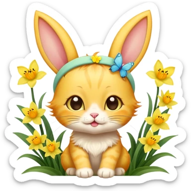 A sunshine yellow kitten with freckles, bunny ears headband, surrounded by daffodils and playful butterflies. sticker