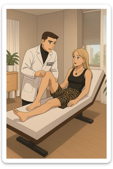 fai un webtoon/manga a colori con questo kinesiologo in camice bianco (fagli la scritta "ANTONIO ANANIA" SUL CAMICE) CHE SVOLGE UN TEST NEUROMUSCOLARE SOLLEVANDO UNA GAMBA ALLA RAGAZZA CHE è STESA SU UN LETTINO BIANCO. STANZA SEMPLICE E MODERNA, DURANTE IL TEST I DUE DIALOGANO TRA LORO. NON FARE I FUMETTI, FAI SOLO LORO COME SE DIALOGASSERO sticker