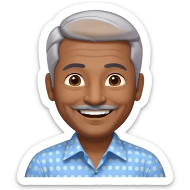 50 yr old indian man, dark skin, grey hair, big smile, white teeth, chubby, no moustache, clean shaven, young style hair, hair brushed back, 5 oclock shadow, dot on forehead, dress shirt sticker