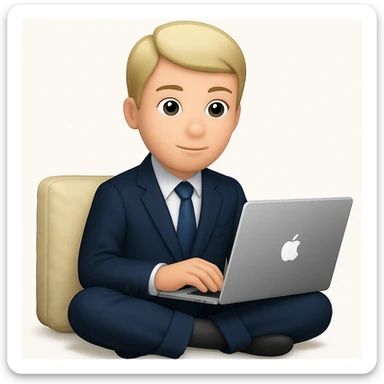 Change the man's pajamas to a business suit, keep him working on a laptop in the same pose, in apple emoji style. sticker