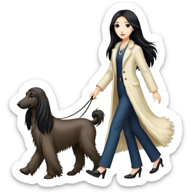 A girl with long black hair walking an Afghan hound sticker